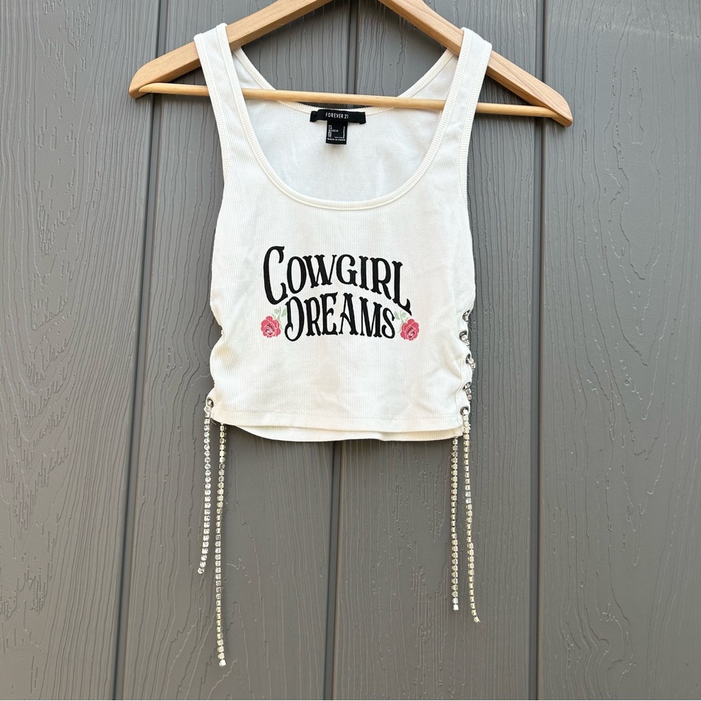 Forever 21 Cowgirl Dreams Cropped Tank Top Size Small Side Rhinestone Lace Up